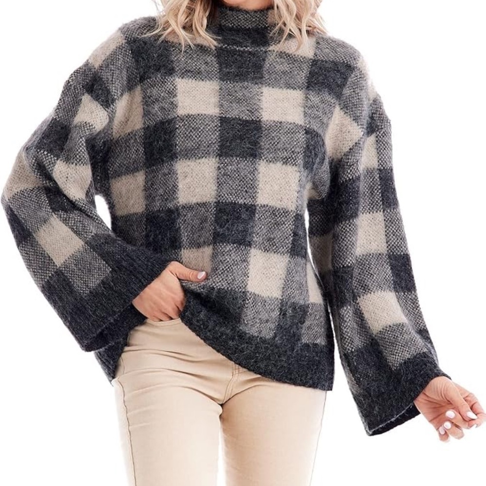 Mudpie Plaid Black and Cream Women's Sweater